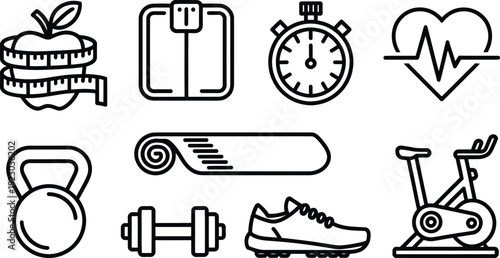 Fitness and wellness line icons set, workout equipment and healthy lifestyle symbols, 9 black outline vector illustrations