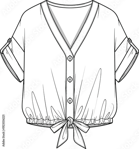 Women V Neck Short Sleeve Blouse Fashion Flat Sketch with Button Down Front and Tie Hem for CAD Drawing Flat Vector Illustration