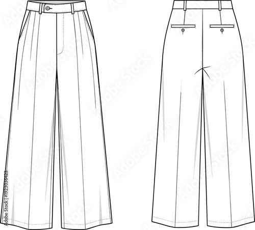 Women High Waisted Wide Leg Trousers Fashion Flat Sketch with Pleats and Back Pockets for CAD Drawing Flat Vector Illustration