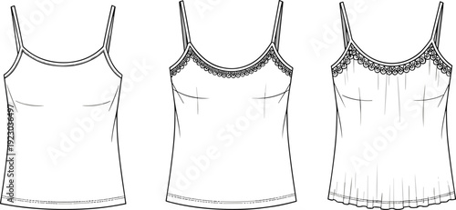 Women Spaghetti Strap Camisole Top Fashion Flat Sketch Set with Lace Trim and Pleated Details for CAD Drawing Flat Vector Illustration