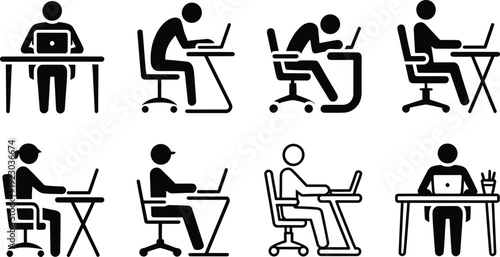 Ergonomic posture icons showing correct and incorrect sitting positions, 8 office worker stick figures with laptops, health and safety vector set