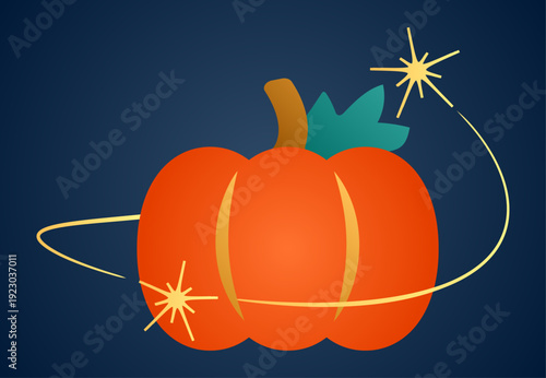 Pumpkin Magically transforms. Vegetable from famous Fairy tale. Stars surround autumn harvest. Gradient colors. Agriculture, gardening. Isolated on dark background. Art, picture. Vector illustration