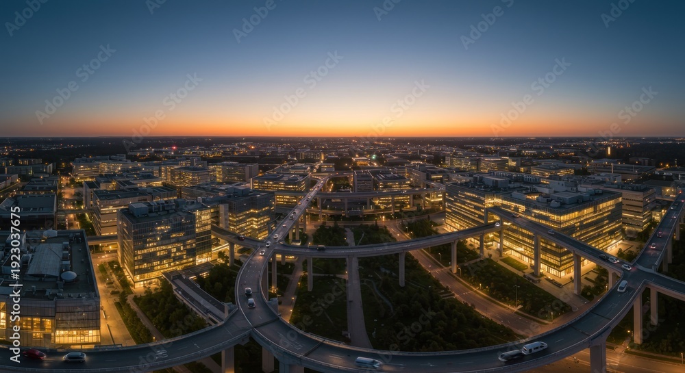 Fototapeta premium Cityscape at dusk featuring elevated highway and illuminated buildings under a colorful sky