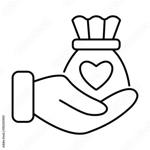 Monetary charity sign of hand holding money bag. Linear vector illustration for charity centers and monetary fees.