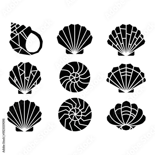 Collection of Black and White Seashell Silhouettes.