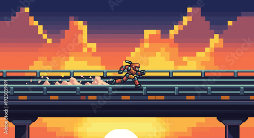A vibrant, pixelated illustration of a train traversing a bridge, ideal for digital art, gaming backgrounds, or representing themes of connectivity an