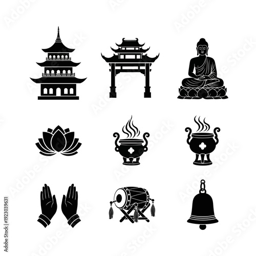 Collection of Buddhist and Asian cultural symbols in silhouette.
