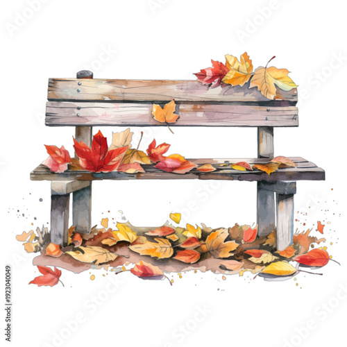 Watercolor autumn park bench with colorful fallen maple leaves
