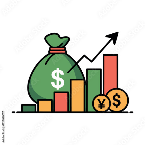 A colorful illustration of a money bag with growing graph
