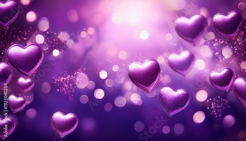 Romantic Shiny Bright Purple Background With Hearts And Bokeh Effect