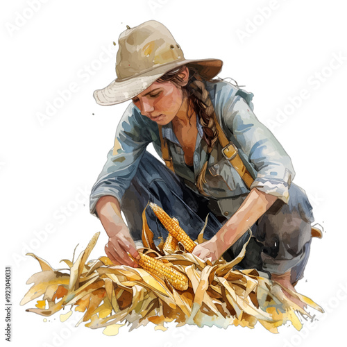Watercolor Farm Girl Harvesting Yellow Corn Cobs in a Rural Field