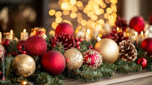 Festive Christmas Ornaments Adorn a Fireplace Mantle with Warm Bokeh Lights