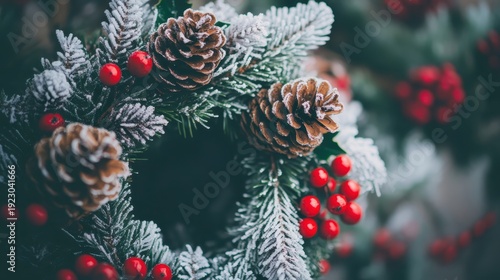 Festive Christmas Wreath with Frosted Pinecones and Holly Berries, Traditional Winter Decor