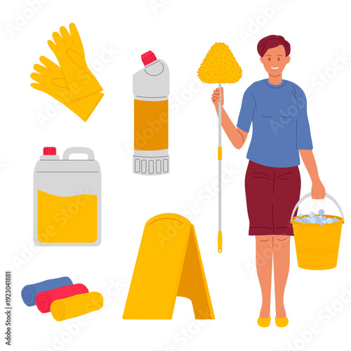 Cleaning of public buildings and offices. Smiling cleaning lady with cleaning supplies. Bottles, mop, bucket, caution sign.