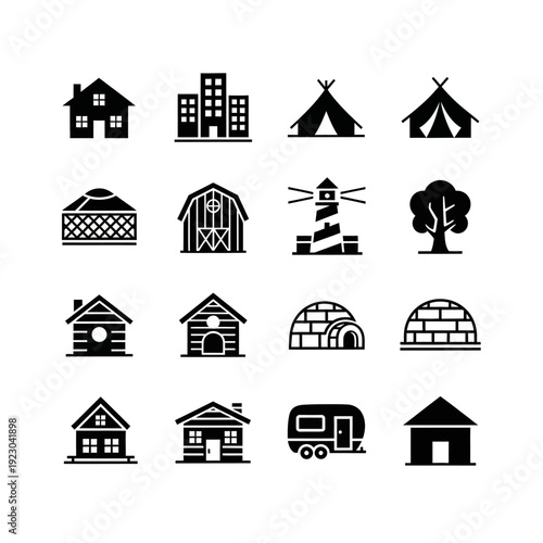 Collection of diverse housing and shelter icons 1.