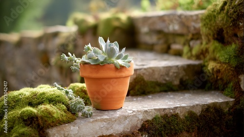 Small plant is in a pot on a stone step