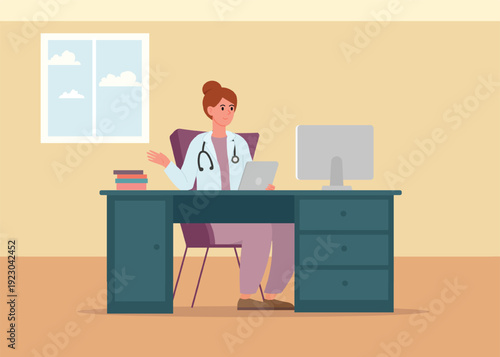 Woman doctor at desk provides consultation to her patient via internet using laptop. Young woman doctor in white coat works.