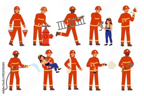 Firefighters in action wearing orange uniforms with yellow stripes and helmets carrying equipment, ladder, fire extinguisher, axe.
