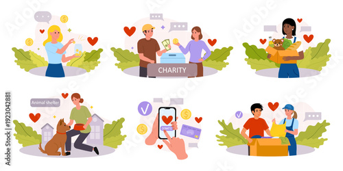 Charity set. Different kinds of charity. Animal shelter. Monetary donations. Clothing and food donations. Volunteers Help