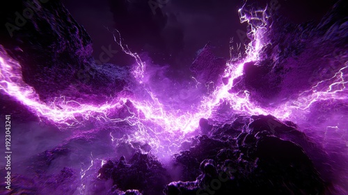 Dramatic digital storm of electric purple lightning fracturing a dark, stormy network environment