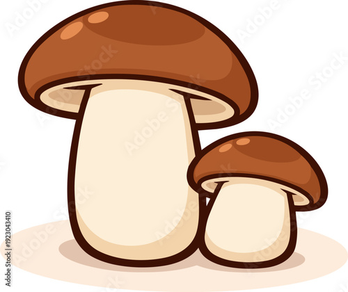 Cute kawaii illustration of two shiitake mushrooms, one larger and one smaller, with a cartoon-style design. Perfect for food-related concepts, culinary design, packaging, stickers, and more.