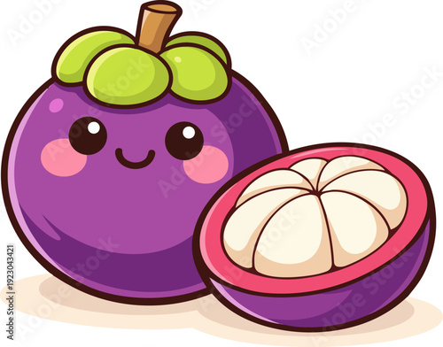 Kawaii illustration of a mangosteen fruit with a smiling face and pink cheeks, with one half of the fruit showing its white inner segments.