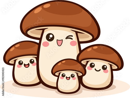 Kawaii illustration of four shiitake mushrooms, each with a smiling or winking face and pink cheeks. Cartoon-style mushrooms with their brown caps and creamy stems, perfect for food-related concepts