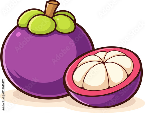 Illustration of a mangosteen fruit with its vibrant purple skin and a sliced open half showing the white inner segments. The fruit is depicted in a simple, clean style