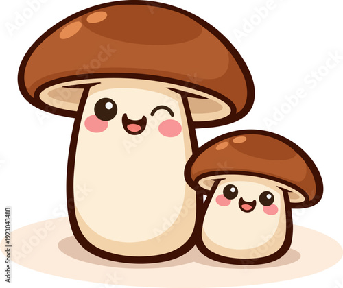 Kawaii illustration of two shiitake mushrooms, one winking and the other smiling, with pink cheeks. Cartoon-style mushrooms with brown caps and creamy stems. 