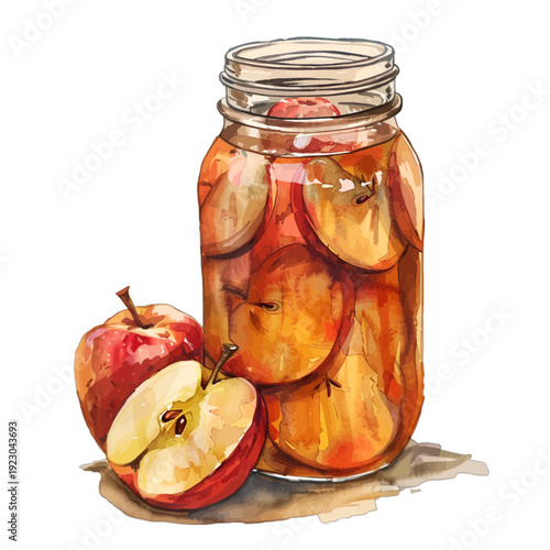 Watercolor Mason Jar of Sliced Apple Preserves Clipart - Rustic Homemade Jam and Red Apple Fruit Illustration for Kitchen and Harvest Decor