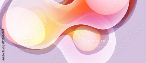 Abstract fluid shapes blend, creating warm color gradients. Soft light illuminates flowing forms over pale lavender backdrop.