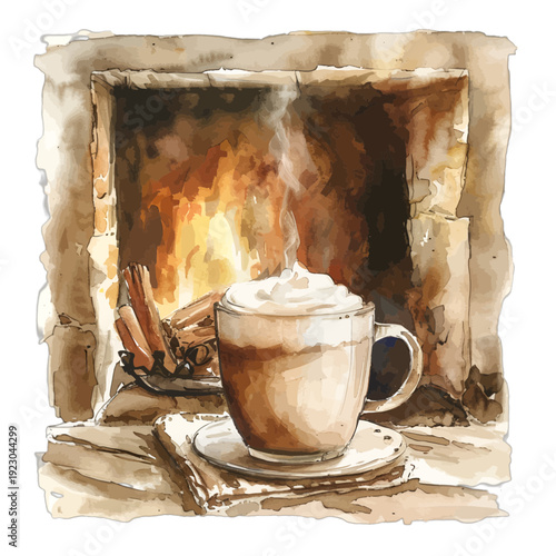 Watercolor Hot Chocolate with Whipped Cream by Fireplace Clipart - Cozy Winter Hearth Illustration for Christmas and Holiday Decor