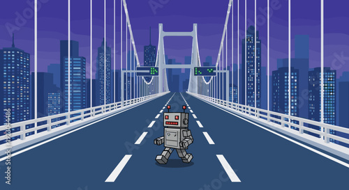 A minimalist, pixelated cityscape evokes a sense of modern tranquility. Ideal for backgrounds, website design, or tech-related visuals with a retro ae