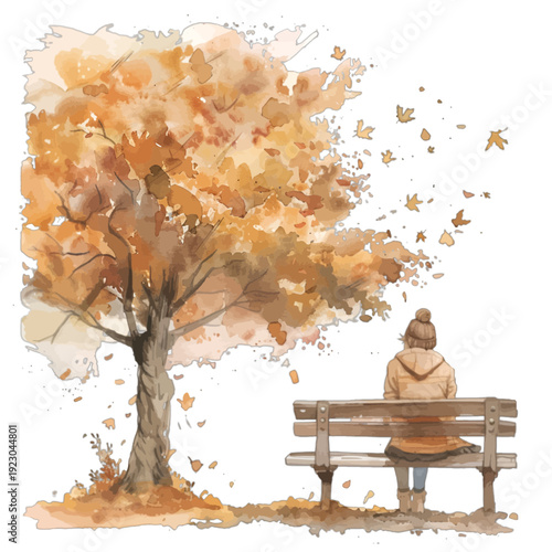 Watercolor Autumn Solitude - Solitary Woman on Park Bench Under Golden Fall Tree with Blowing Leaves for Seasonal Junk Journals and Digital Art
