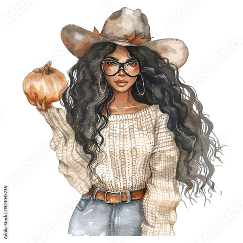 Bohemian Autumn Fashion Illustration - Stylized Woman in Cream Cable-Knit Sweater, Cowboy Hat, and Glasses Holding a Pumpkin Clipart for Digital Planners and Seasonal Decor