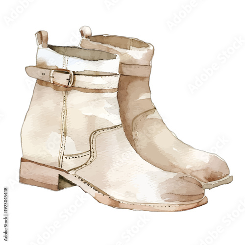 Vintage Watercolor Jodhpur Ankle Boots - Antique Cream Leather Equestrian Booties Clipart with Buckle Strap for Digital Scrapbooking and Fashion Design
