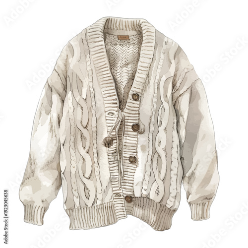 Chunky Cream Cable-Knit Shawl Collar Cardigan - Cozy Winter Fashion Clipart with Wooden Buttons and Ribbed Texture for Digital Scrapbooking
