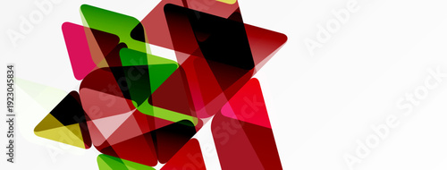 Abstract composition. Overlapping translucent shapes create dynamic visual effect. Red, green, black dominate white background. Modern design.