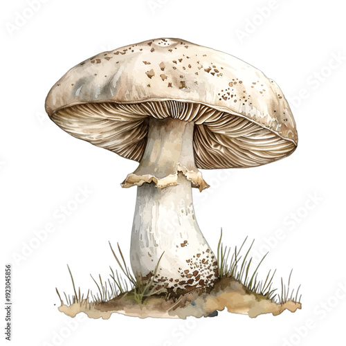 Watercolor Vintage Mushroom Clipart - Woodland Forest Fungus Illustration with Earthy Tones for Nature and Botanical Designs
