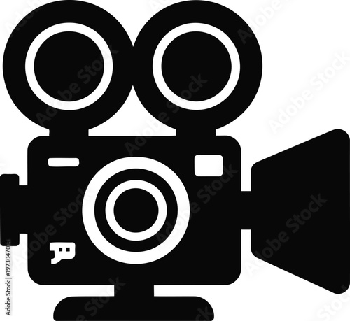 Retro movie camera silhouette icon, vintage cinema projector vector illustration for film production isolated on white background.