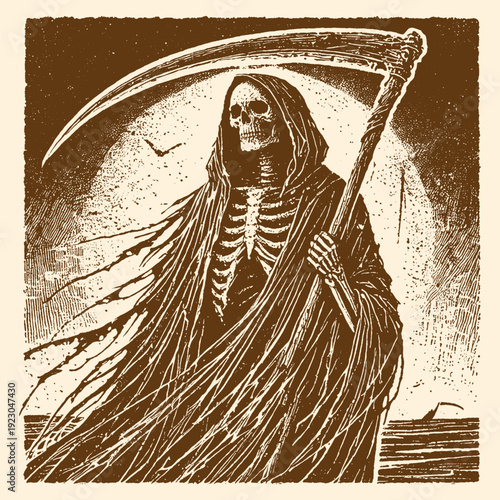The Grim Reaper carrying a scythe against a hazy moonlit background in a vintage, sepia tone