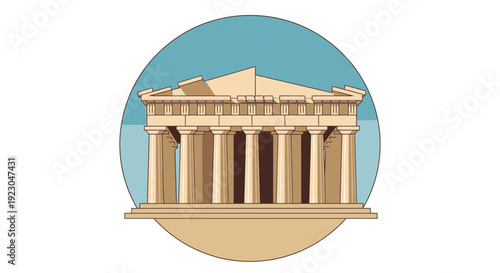Ancient Greek temple vector illustration, classical architecture building, Parthenon style temple with columns, flat design illustration, clean line art, minimal detail, beige and blue color palette, 