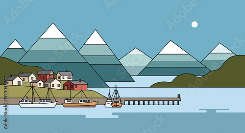 Serene coastal village with boats and mountains at dusk