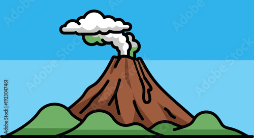 Erupting volcano with smoke and lava on green landscape