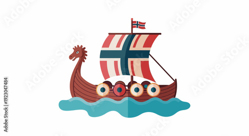 Viking ship sailing through calm waters with Norwegian flag
