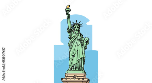 Flat vector illustration of the Statue of Liberty standing tall with torch raised, simplified geometric shapes, soft pastel color palette, clean line art, minimal shading, centered composition, blue a
