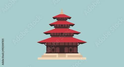 “Flat vector illustration of a traditional Asian pagoda temple with layered roofs, minimalist geometric shapes, clean line art, soft pastel background, symmetrical composition, modern flat design 