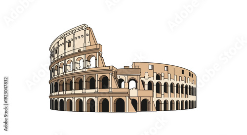 Detailed vector illustration of the ancient Roman Colosseum, semi-ruined historic amphitheater with visible arches and stone texture, isolated on white background, clean line art, soft earthy color pa