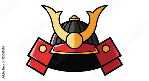 “Flat vector illustration of a traditional Japanese samurai helmet (kabuto), red and black armor with golden crescent crest, bold clean outlines, simple geometric shapes, modern flat design style, iso