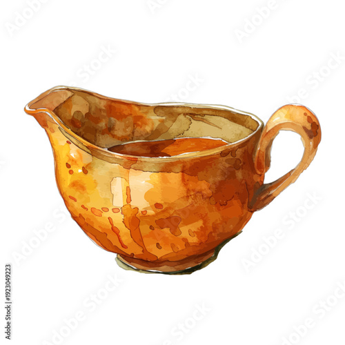 Watercolor Illustration of an Orange Gravy Boat with Rich Brown Sauce